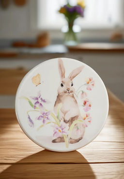 Подставка под кружку, 11 см, круглая, керамика/пробка, белая, Кролик в цветах, Flower Rabbit