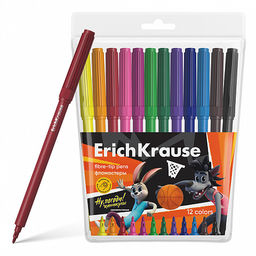АКЦИЯ Цена за 12 шт. Фломастеры ErichKrause Ну, Погоди! Каникулы, 12 цветов (в футляре с европодвесом 12 шт)
