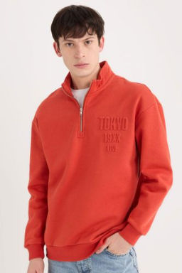 Comfort Regular Fit Rahat Kal?p Dik Yaka Fermuarl? Bask?l? Sweatshirt