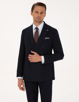 Lacivert Extra Slim Fit _izgili Kruvaze Tak_m Elbise