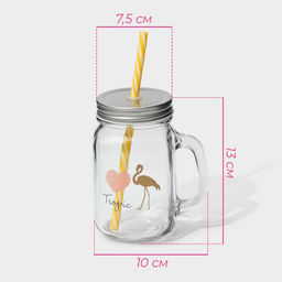 Кружка Доляна Золотой фламинго, 450 мл, 10?7.5?13 см, с ручкой, крышкой и трубочкой, стекло, прозрачная