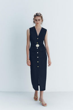 MIDI DRESS WITH LINEN BLEND BELT