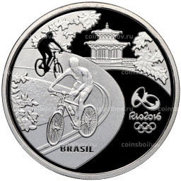 5 реалов 2015 года Бразилия XXXI Олимпийские игры 2016 года в Рио- де-Жанейро Велоспорт и Золотистый львиный тамарин (в квадрокапсуле)