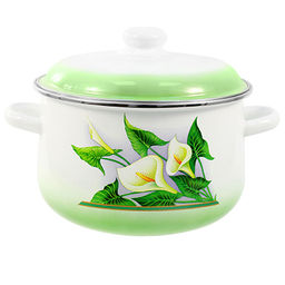 "Каллы" Кастрюля эмалированная 4л, д22см, h13см, коническая форма, металлическая крышка с пластмассовой ручкой-кнопкой, ободок из нержавеющей стали, белый с подпылением (Россия)