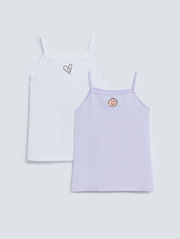 Kare Yaka Bask?l? Ask?l? Pamuklu K?z ?ocuk Atlet 2li