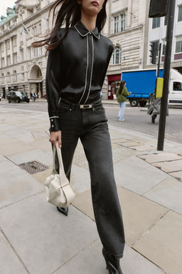 OVERSIZE SATIN SHIRT WITH CONTRAST PIPING