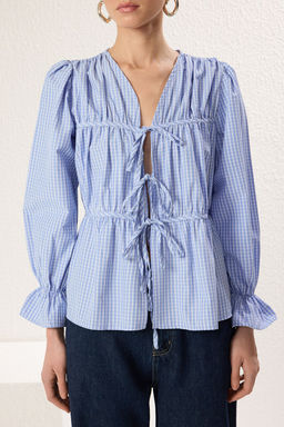 Trendyolmilla Mavi Kareli V Yaka Onu Baglama Detayl? Dokuma Bluz TWOSS25BZ00349 фото 3