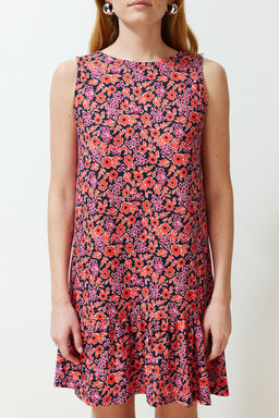 TRENDYOLMILLA Indigo Cicek Bask?l? S?f?r Kol Volanl? Shift/Duz Mini Esnek Orme Elbise TWOSS22EL0794  фото 14