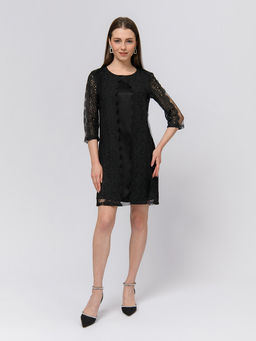 Платье черного цвета длины мини с черным кружевом и рукавами 3/4 - 1001dress фото 3