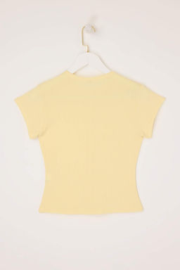 Ac?k Sar? Fitted/Vucuda Oturan Polo Yaka K?sa Kollu Fitilli Esnek Orme Bluz TWOSS26BZ00357 - Trendyolmilla фото 2