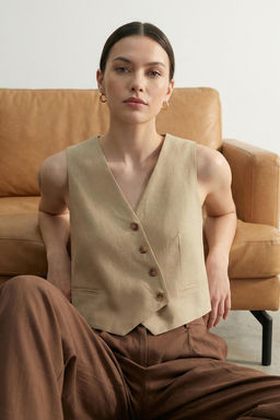 Limited Edition Bej Fitted Crop Dokuma Keten Gorunumlu Yelek TWOSS23YE00016