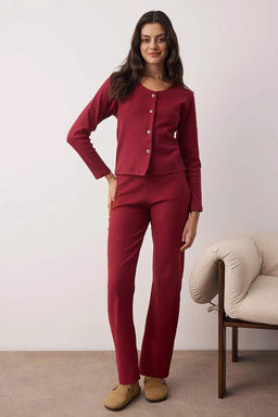 Bordo Pamuklu H?rka F?rcal? Yumusak Tuse K?sl?k Fitilli Orme Pijama Tak?m? THMAW26PT00216