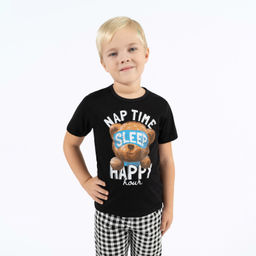 Пижама детская черная клетка принт мишка