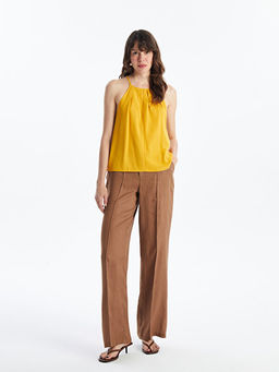 Halter Yaka D?z Keten Kar???ml? Kad?n Bluz