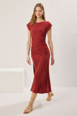 Kiremit Ay Kol Buzgu/Drape Detayl? Vucuda Oturan Esnek Maxi Orme Elbise TWOSS25EL00666 - Trendyolmilla фото 3