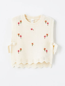 Bisiklet Yaka ?i?ekli K?z ?ocuk Triko S?veter