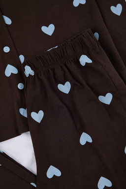 Kahverengi-Mavi %100 Pamuklu Kalp Desenli Orme Pijama Tak?m? THMAW21PT0548
