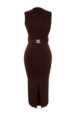 Koyu Kahverengi Vucuda Oturan Drape Detayl? Kemerli Midi Esnek Orme Kalem Elbise TWOSS22EL0756