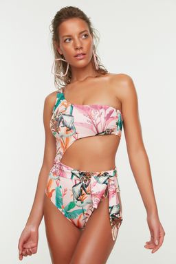 TRENDYOLMILLA Cicek Desenli Tek Omuz Cut Out/Pencereli Regular Mayo TBESS22MA0197 фото 13