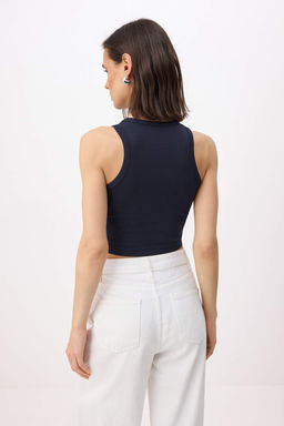 Lacivert Bask?l? Fitted/Vucuda Oturan Halter Yaka Kolsuz Pamuklu Esnek Orme Atlet TWOSS26AL00059 - Trendyolmilla фото 4