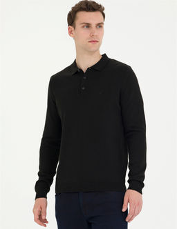 Siyah Slim Fit Polo Yaka Basic Triko Kazak