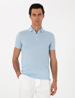Buz Mavisi Slim Fit Polo Yaka Pamuklu Basic T-shirt