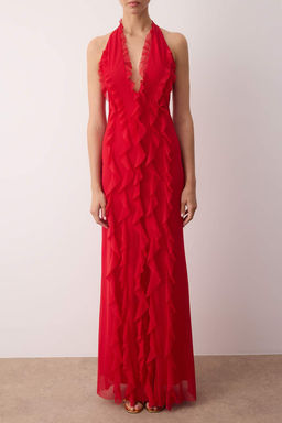 Limited Edition K?rm?z? F?rf?rl? Astarl? Tul Abiye Gece Mezuniyet Elbisesi TPRSS25AE00063