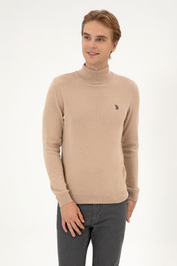 Erkek Slim Fit Bo_azl_ Kum Melanj Basic Kazak