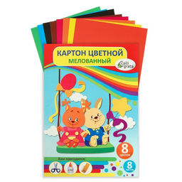 Картон цветной А4, 8 листов, 8 цветов Веселые качели, мелованный 240 г/м2, в папке