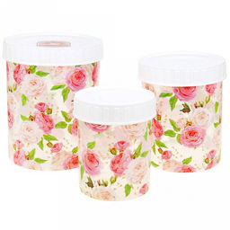 Банка для сыпучих продуктов пластмассовая, набор 3 штуки: 2л-д13,3х17,3см; 1,2л-д11,4х14,5см; 0,7л-9,5х12см Розы матрешка круглая, прозрачный корпус с деколью, винтовая крышка (Китай)