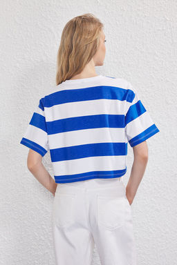 TRENDYOLMILLA Kahverengi Cizgili Bisiklet Yaka Loose Crop/Rahat K?sa Orme T-Shirt TWOSS25TS00193  фото 8