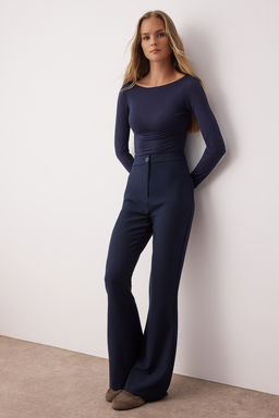 Lacivert Ispanyol Paca Flare Bootcut Dokuma Kumas Pantolon TOFAW19BB0581
