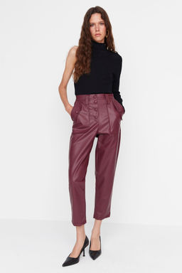 Limited Edition Bordo Havuc Dokuma Onden Dugmeli Suni Deri Pantolon TWOAW22PL0083