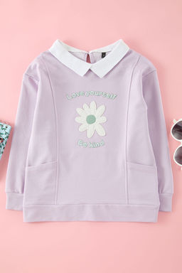 Lila K?z Cocuk Cicek Desenli Pamuklu Polo Yaka Orme Sweatshirt TKDAW25SW00027