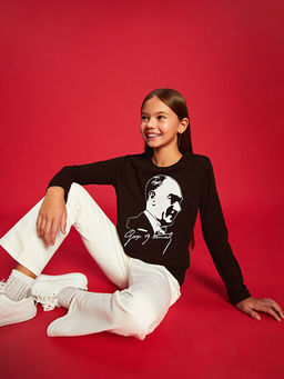 Bisiklet Yaka Atat?rk Bask?l? K?z ?ocuk Ti??rt