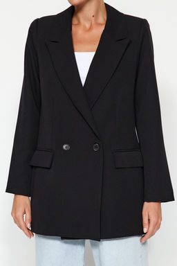 Siyah Regular Astarl? Kruvaze Kapama Dokuma Blazer Ceket TWOSS20CE0059