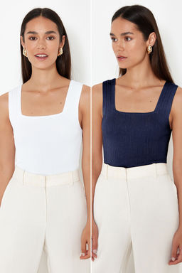Trendyolmilla Siyah-Ekru Basic Ikili Paket Triko Ince Bluz TWOSS24BZ00623