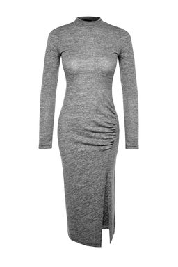 Antrasit Bisiklet Yaka Yumos Midi Y?rtmacl? ve Buzgu Detayl? Fitted Orme Elbise TWOAW24EL00246