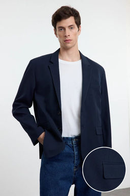 TRENDYOL MAN Lacivert Regular Fit Dusuk Omuz Genis Kal?p Dokuma Klasik Blazer Ceket TMNAW25BC00002 - Trendyolmilla фото 2
