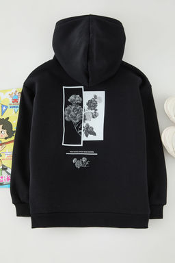 Siyah Erkek Cocuk Duz Orme Mini Me S?rt Bask?l? Sweatshirt TKDAW25SW00117