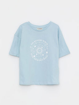 Bisiklet Yaka Bask?l? K?sa Kollu Pamuklu K?z ?ocuk Ti??rt