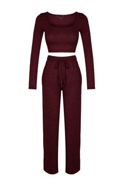 Bordo Yumos Crop ve Wide Leg/Genis Paca Orme Alt Ust Tak?m TWOAW23AU00125