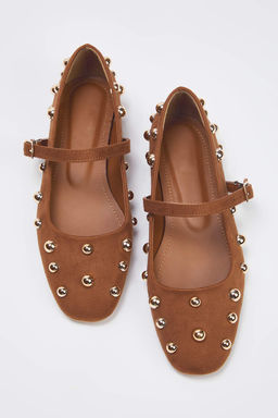 Kahverengi Suet Trok Islemeli Bantl? Badem Burun Mary Jane Kad?n Babet TAKSS25BE00006