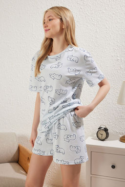 Trendyolmilla Mavi %100 Pamuklu Kedili Sortlu Orme Pijama Tak?m? THMSS25PT00249 фото 6
