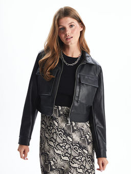 G?mlek Yaka Kad?n Deri G?r?n?ml? Ceket