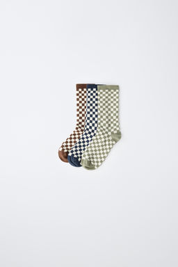 PACK TRES CALCETINES LARGOS CUADRO DAMERO / Beige claro