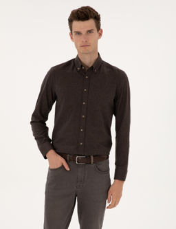 Kahverengi Flanel Dokulu Slim Fit Uzun Kollu G_mlek