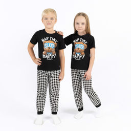 Пижама детская черная клетка принт мишка