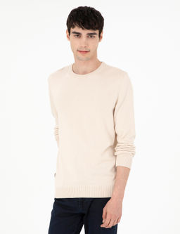 Bej Slim Fit Bisiklet Yaka Basic Triko Kazak