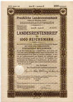 Облигация 4,5% 1000 рейхсмарок 1937 года Германия